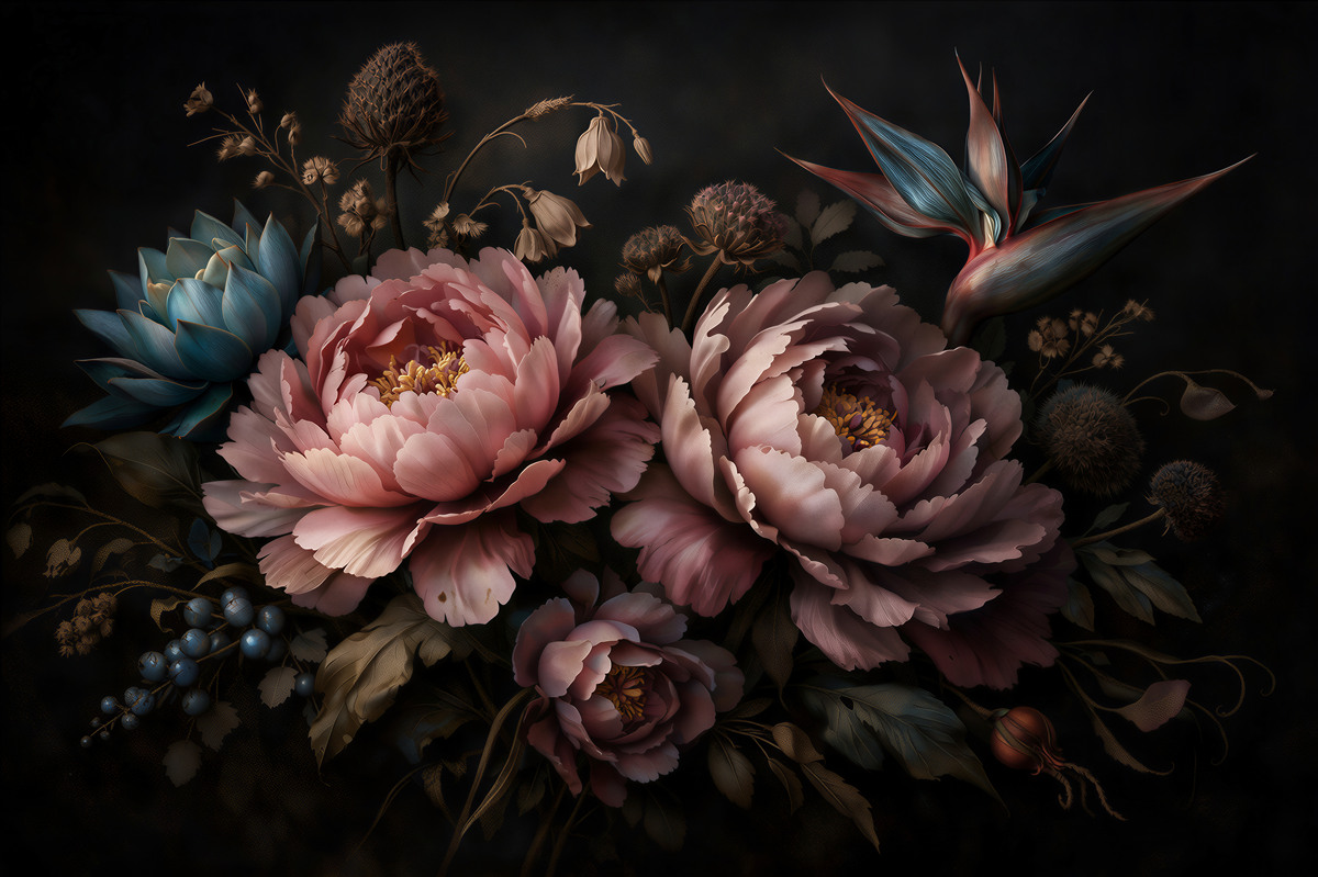 Papier peint pivoines poudrées avec accent exotique