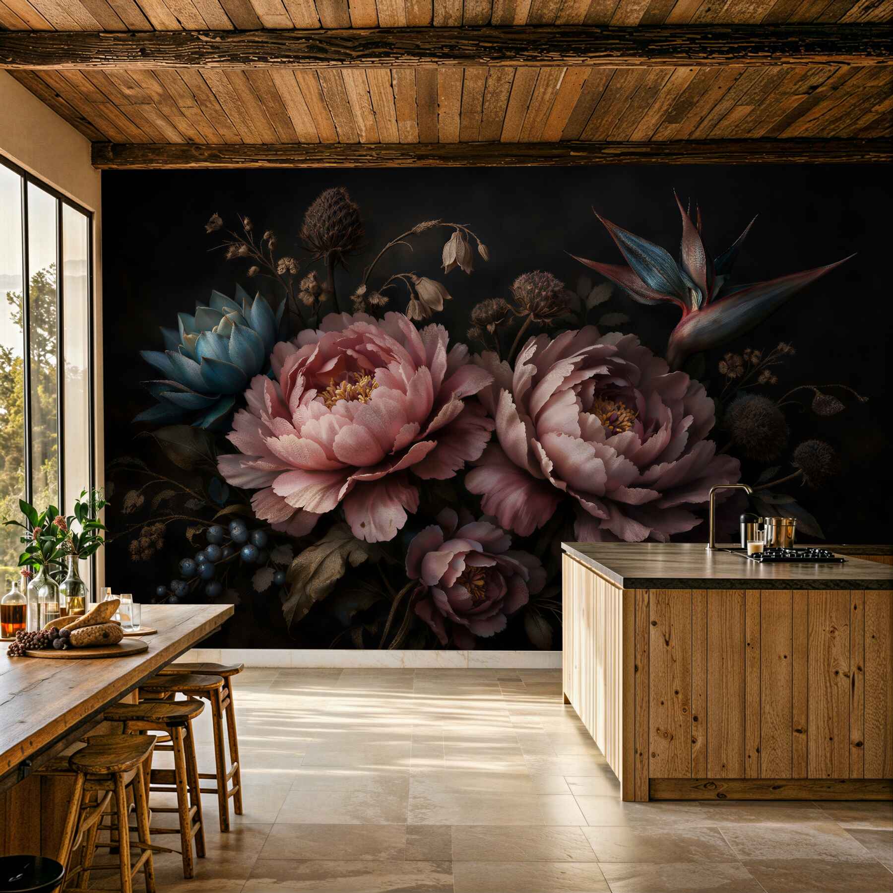 Papier peint pivoines poudrées avec accent exotique