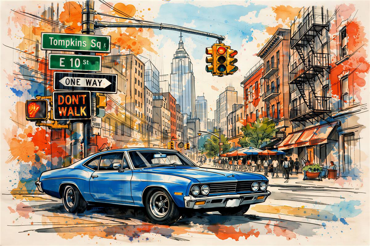 Papier peint rue aquarelle avec voiture classique