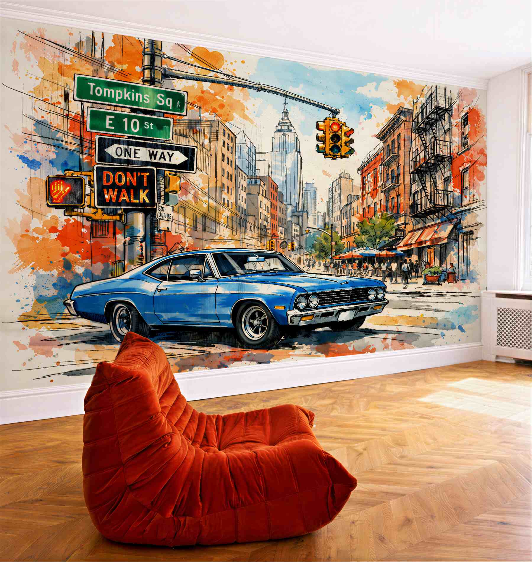 Papier peint rue aquarelle avec voiture classique