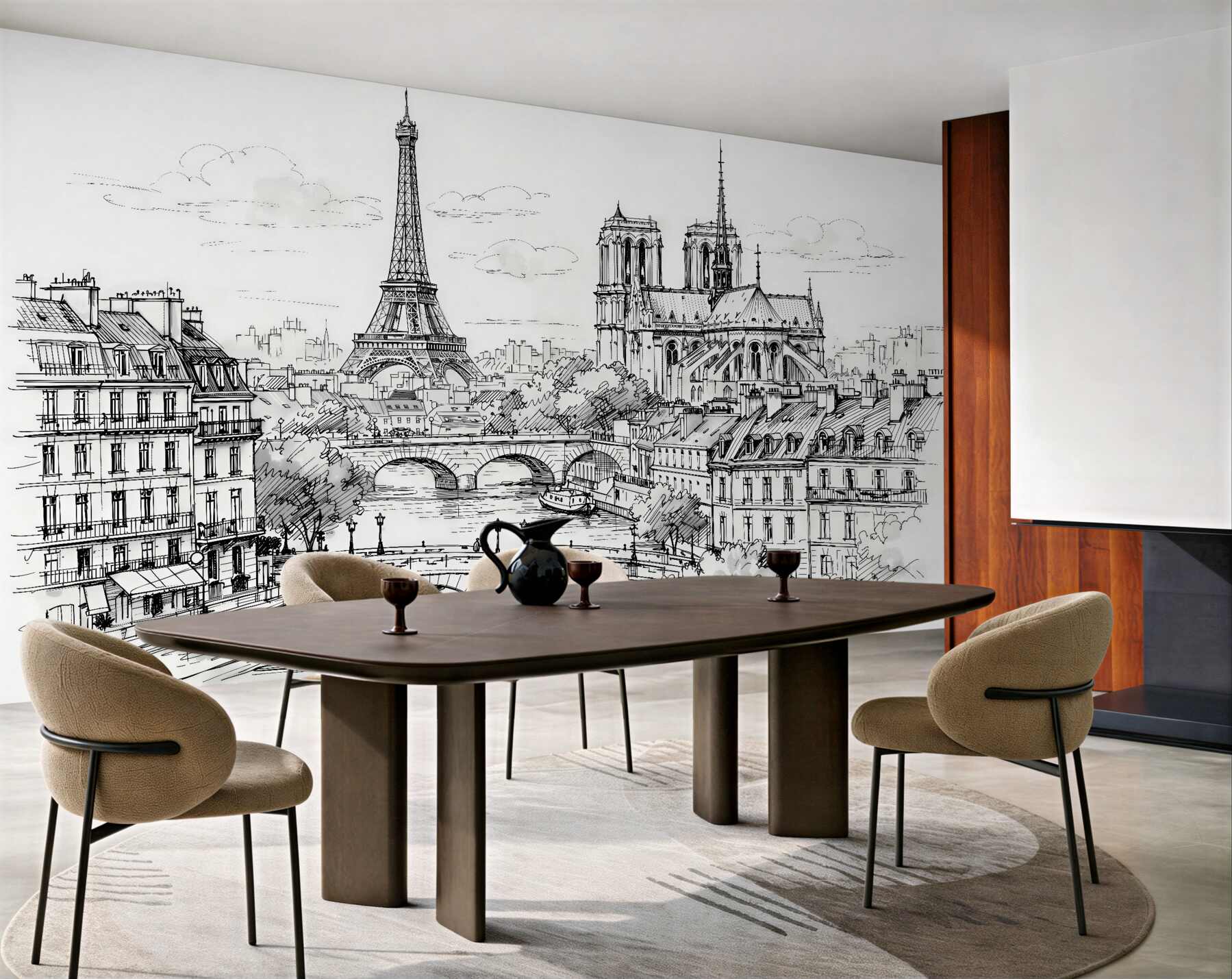 Papier peint esquisse de panorama parisien au-dessus de la Seine