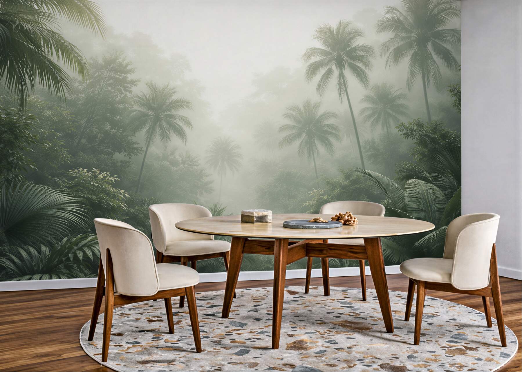 Papier peint jungle tropicale brumeuse avec des palmiers