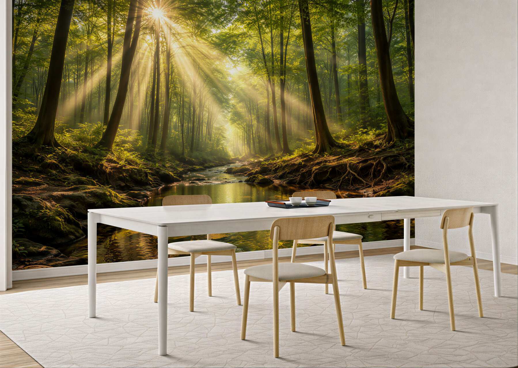 Papier peint forêt ensoleillée au-dessus d'un ruisseau paisible