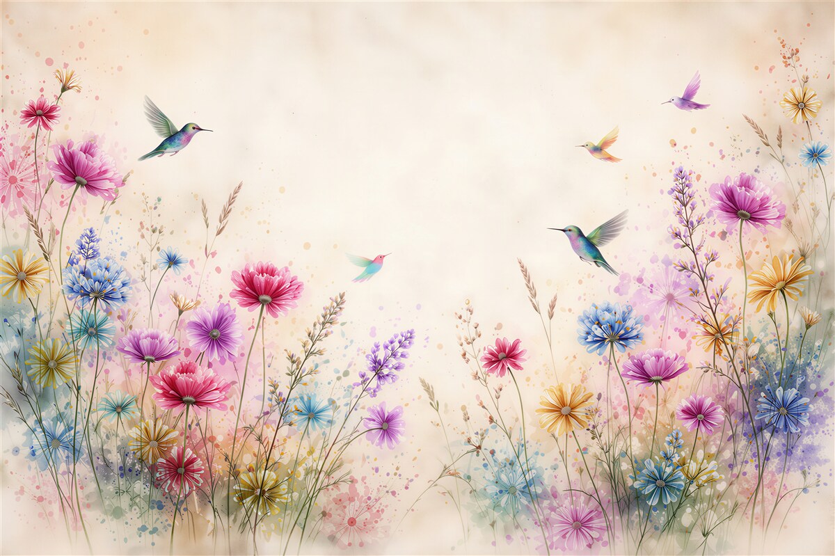 Papier peint prairie aquarelle avec colibris