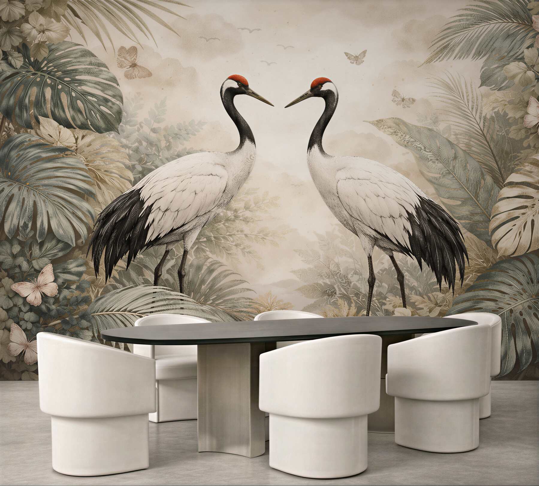Papier peint grues dans un cadre végétal exotique