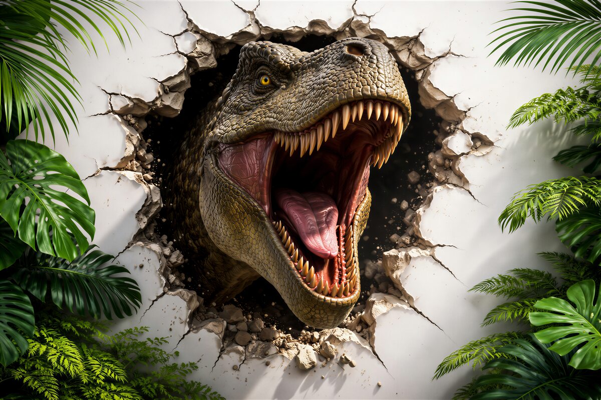 Papier peint dinosaure 3D perçant le mur