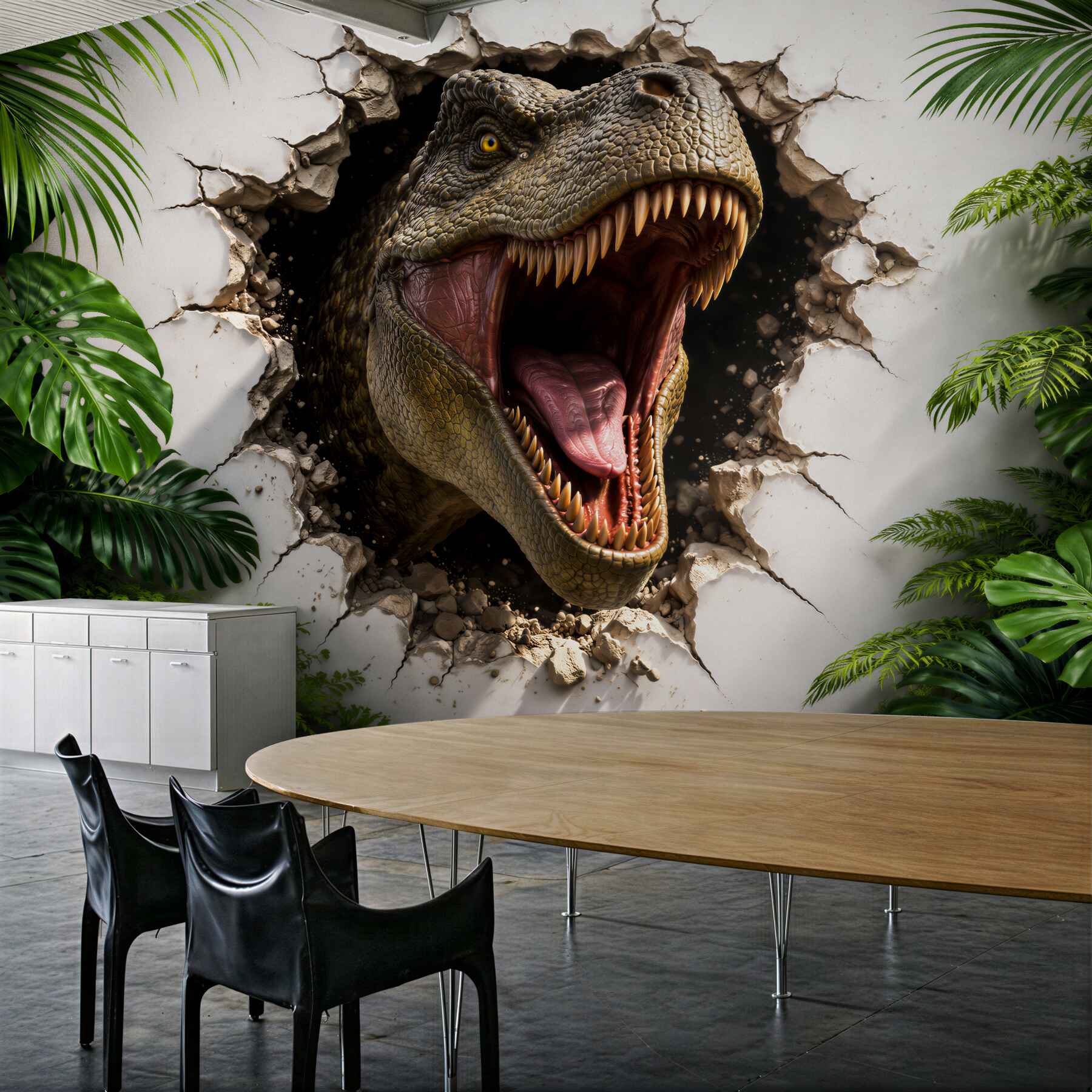 Papier peint dinosaure 3D perçant le mur