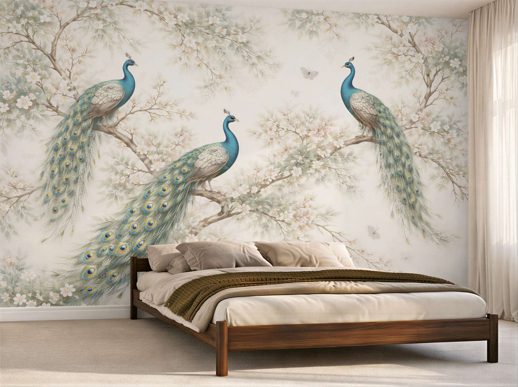 Papier peint paons sur des branches fleuries