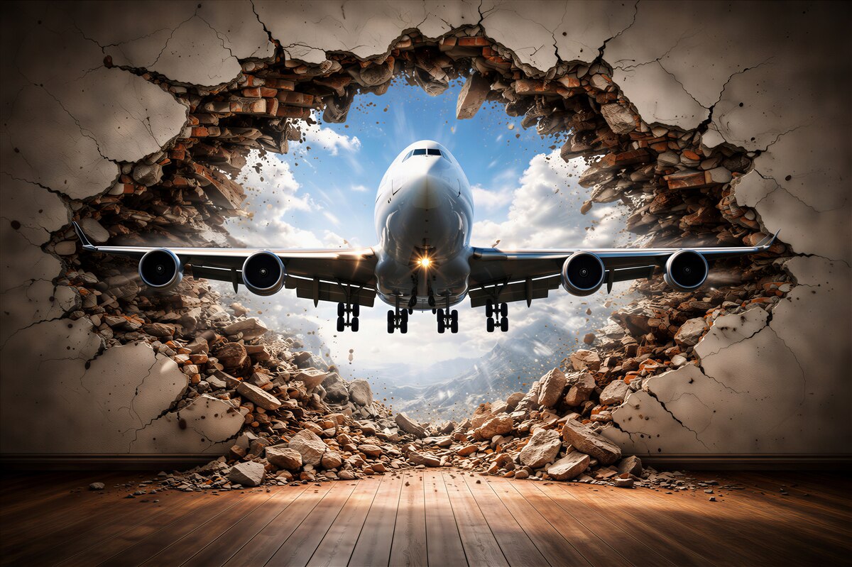Papier peint avion traversant le mur 3d