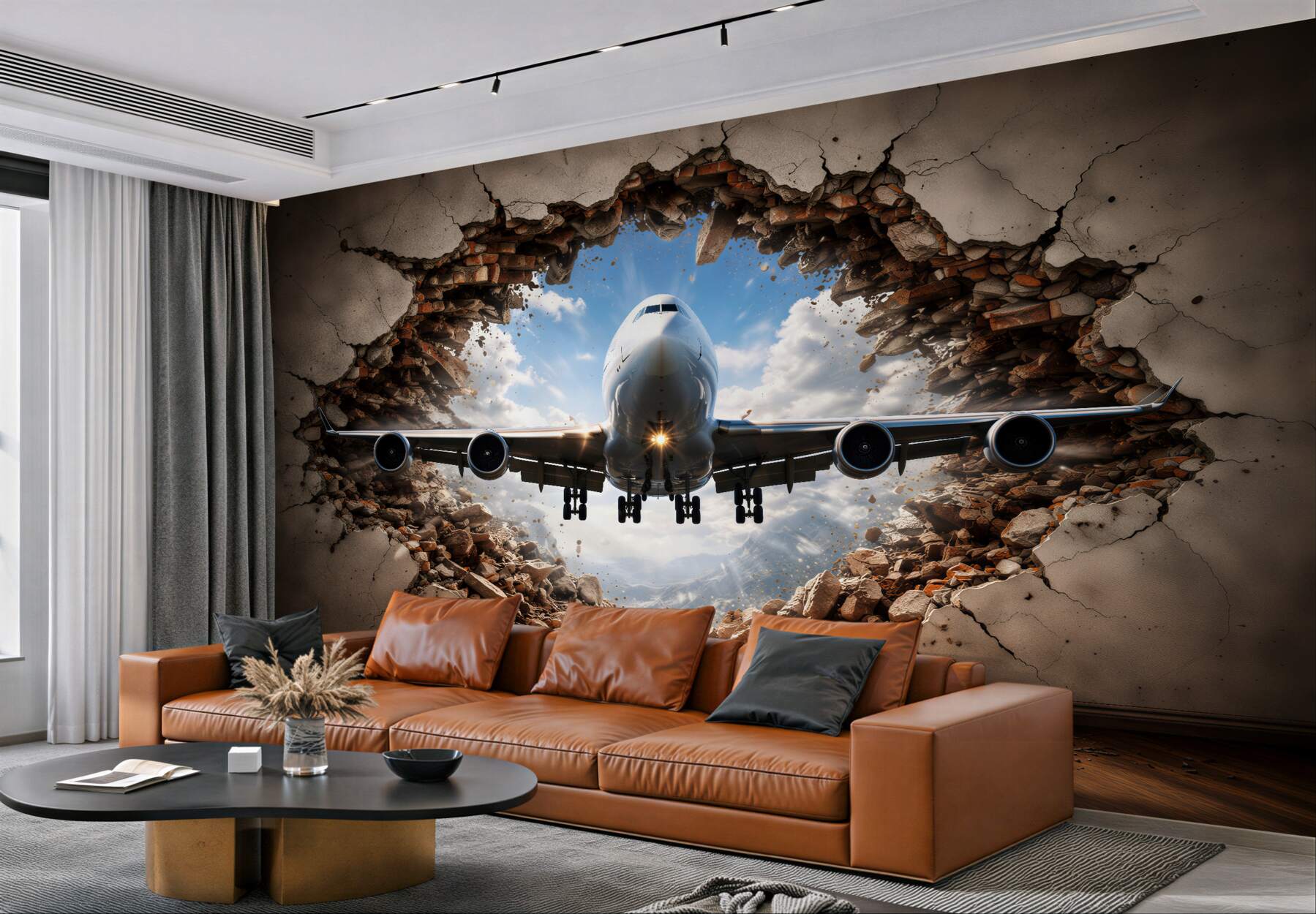 Papier peint avion traversant le mur 3d