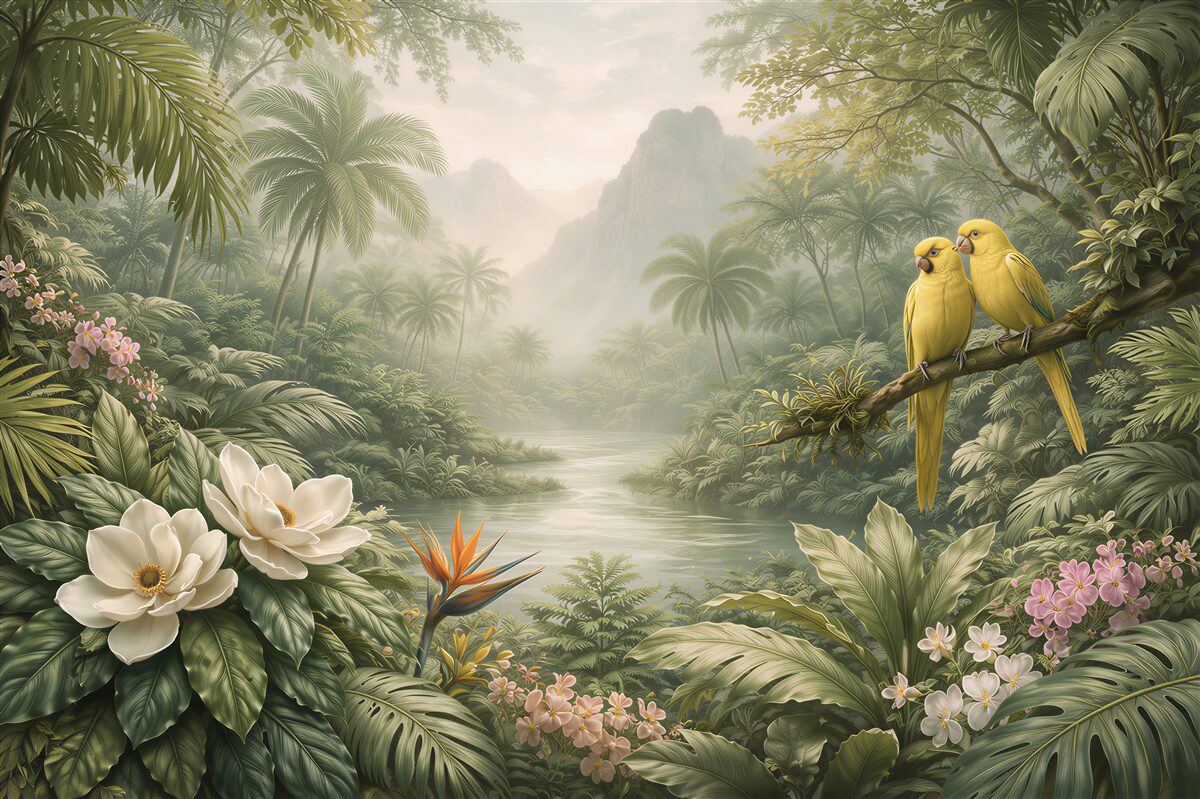 Papier peint jungle paradisiaque avec des perroquets jaunes