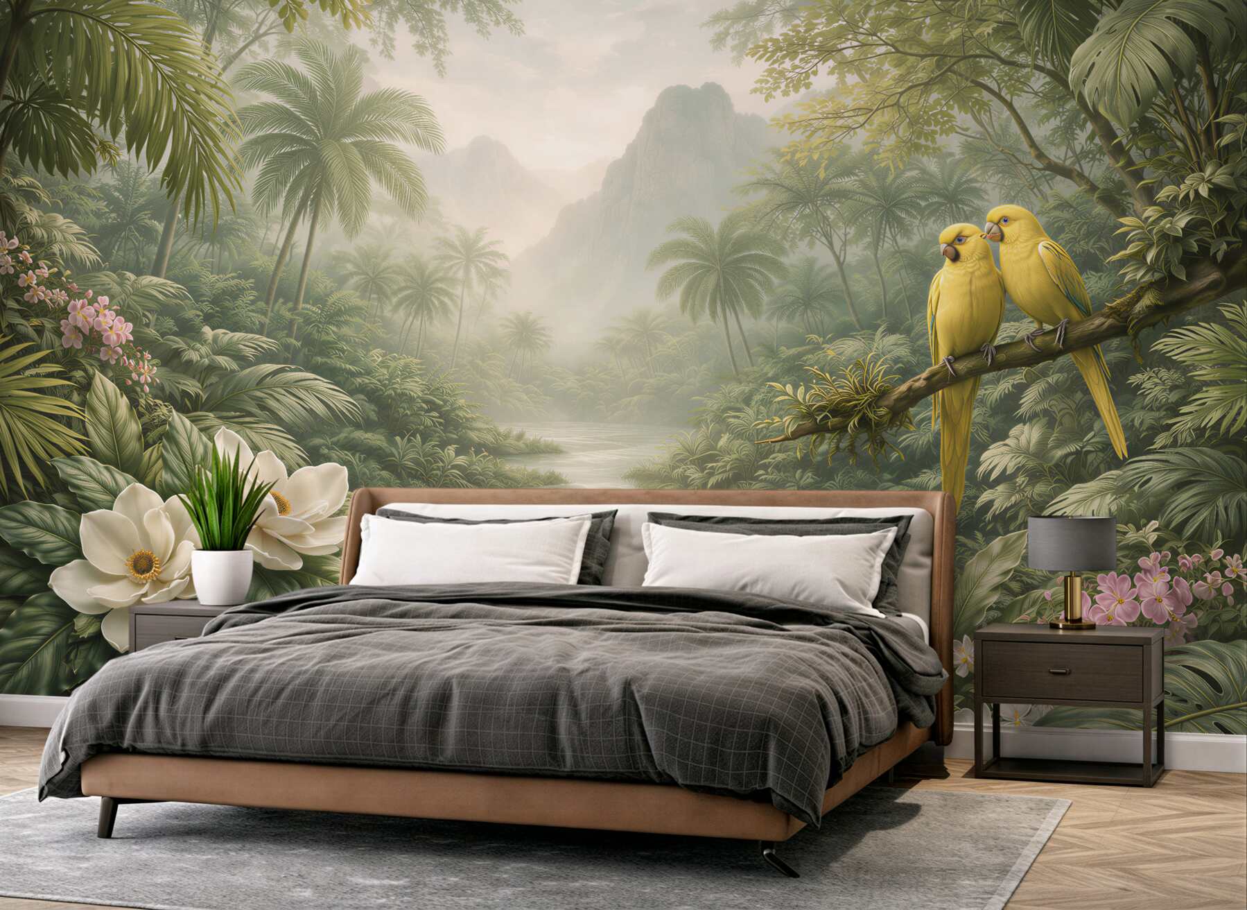 Papier peint jungle paradisiaque avec des perroquets jaunes