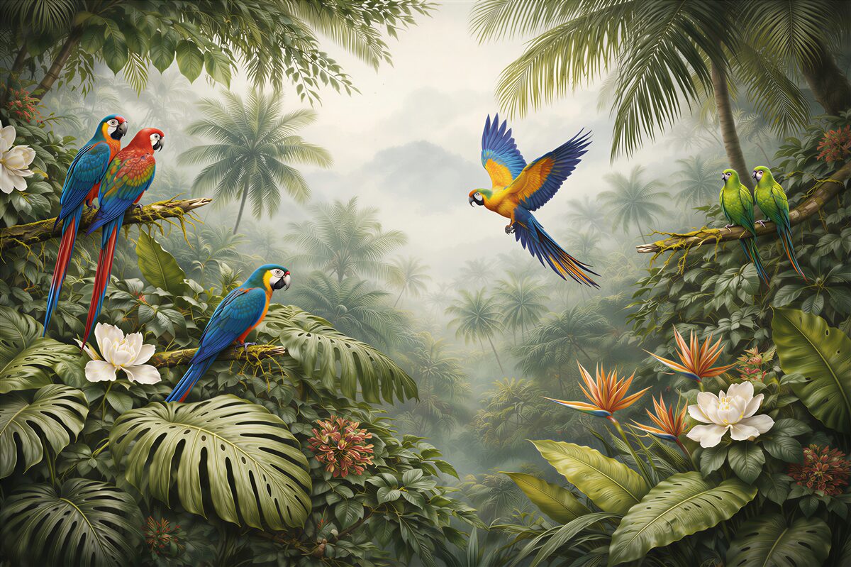 Papier peint perroquets dans une jungle brumeuse