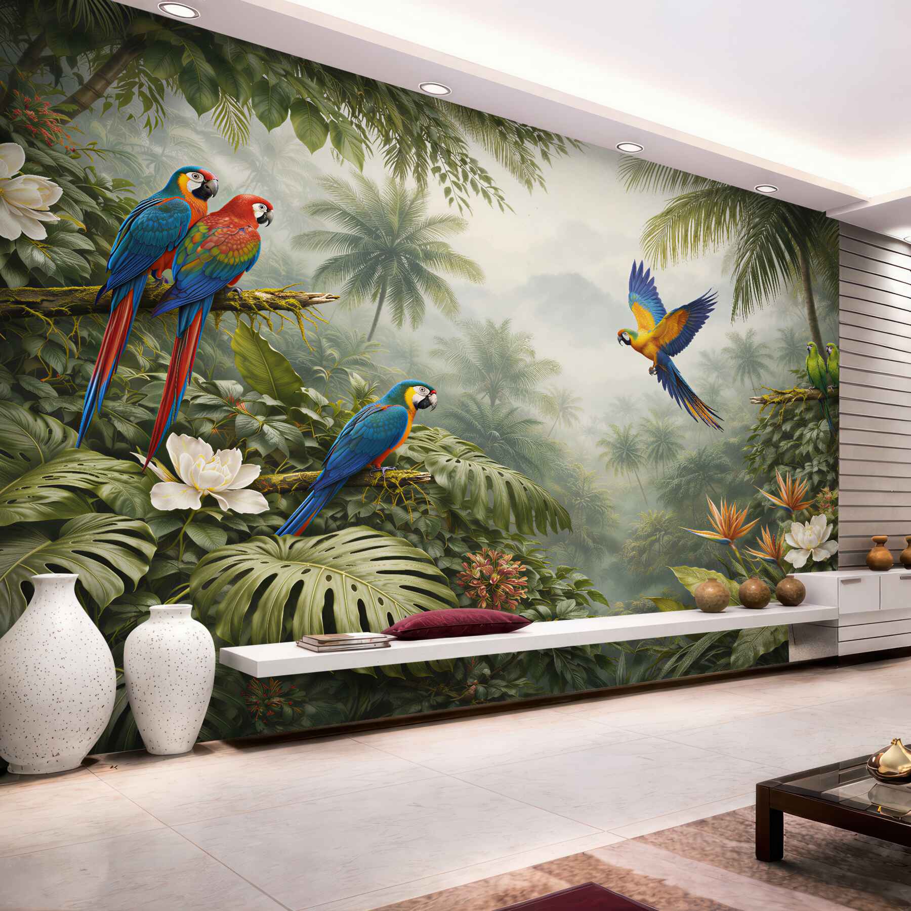 Papier peint perroquets dans une jungle brumeuse
