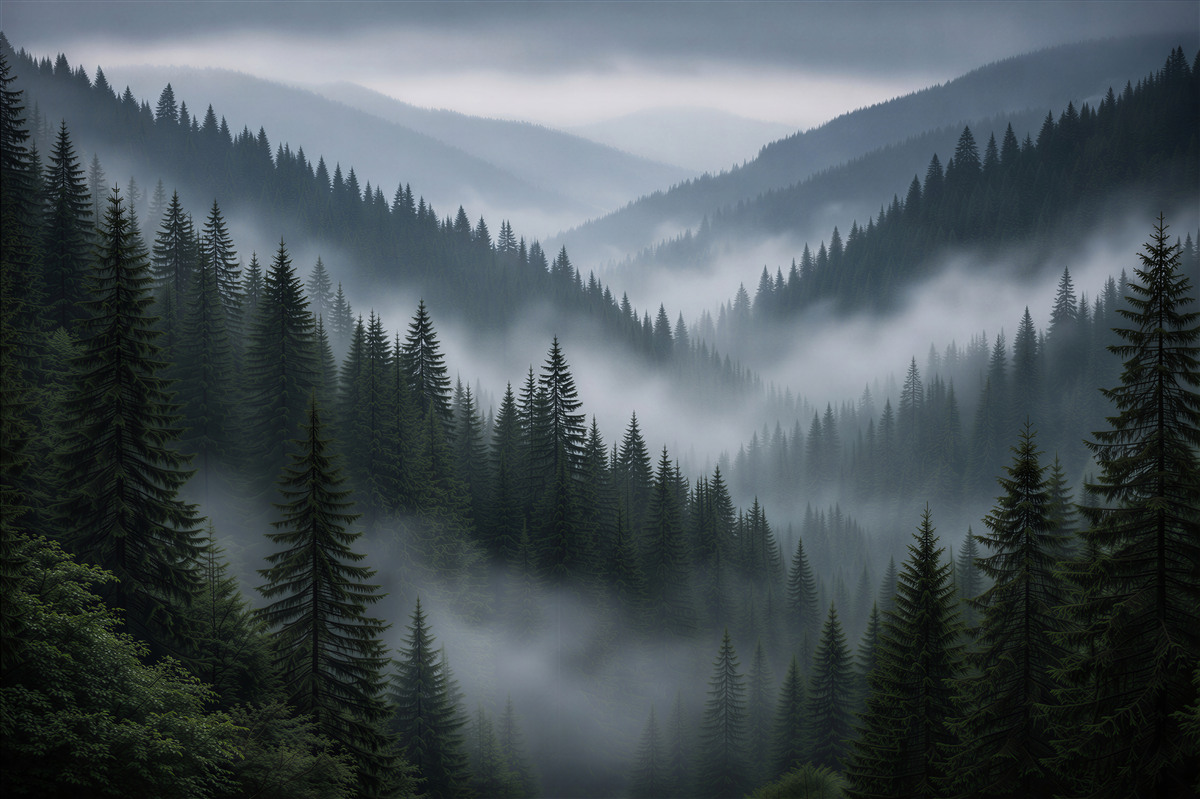 Papier peint forêt de montagne brumeuse