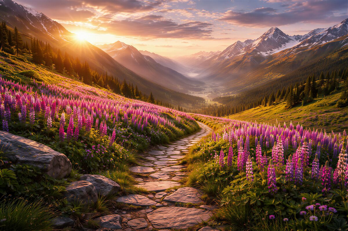 Papier peint vallée ensoleillée de fleurs et de montagnes