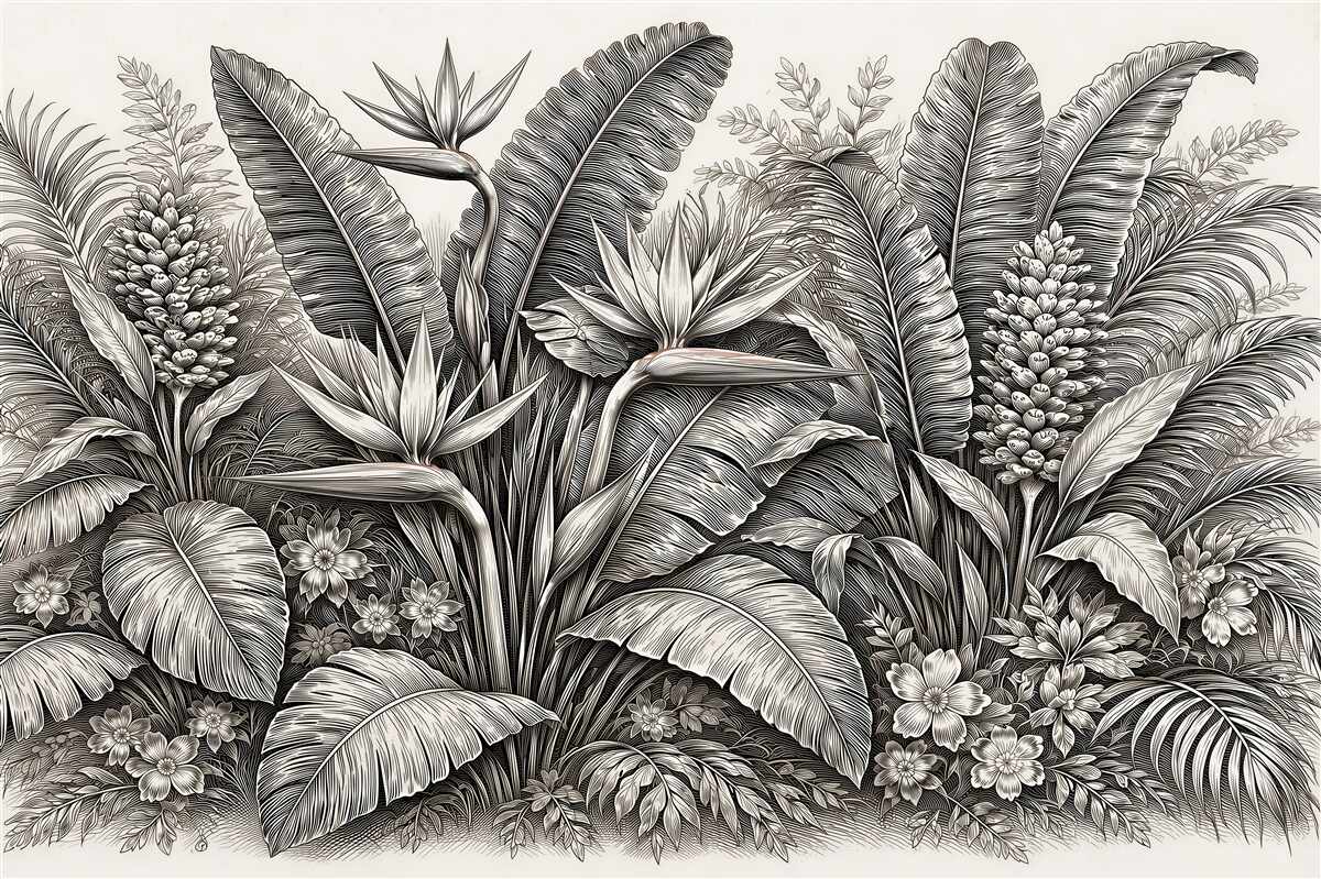 Papier peint jardin tropical en dessin