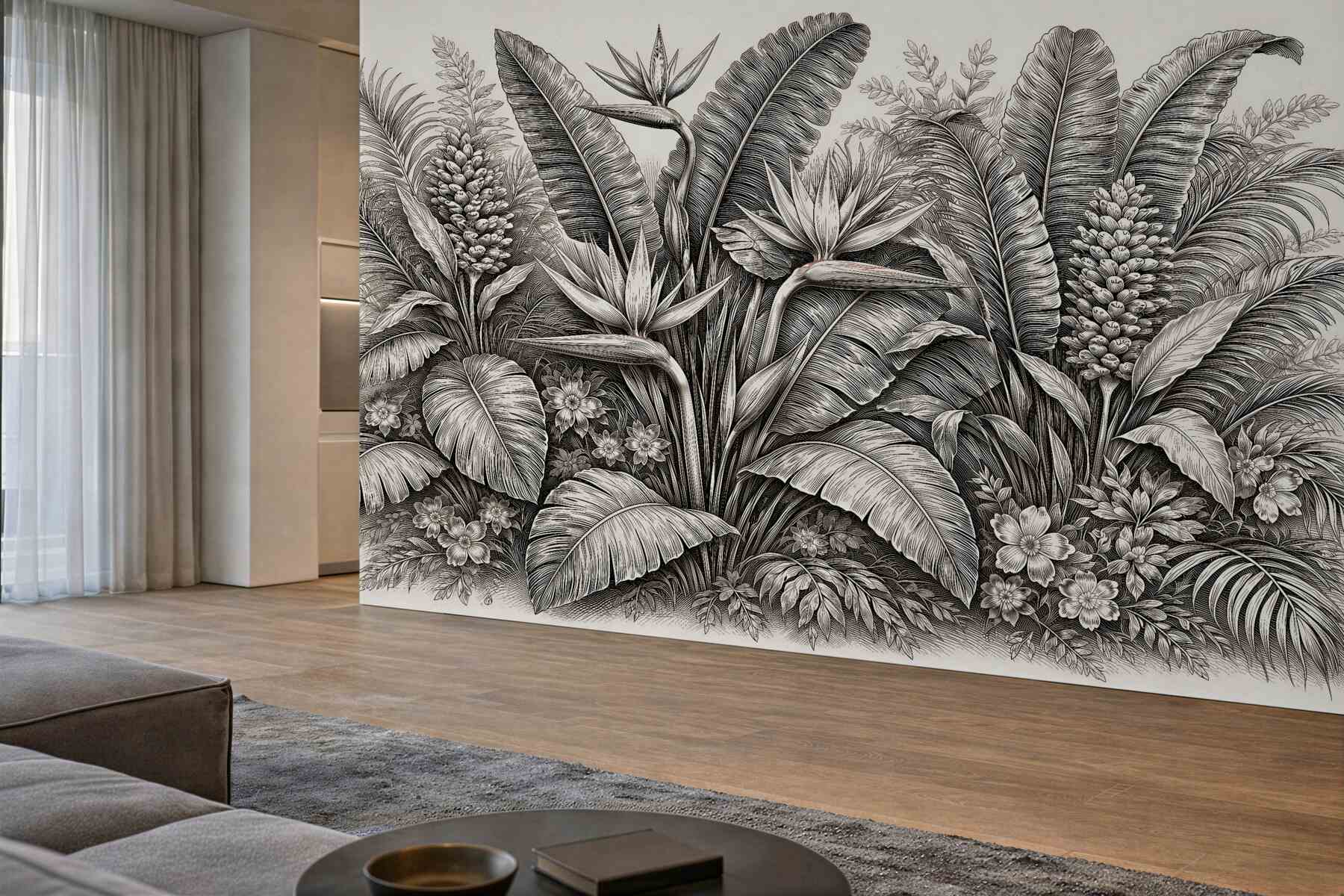 Papier peint jardin tropical en dessin