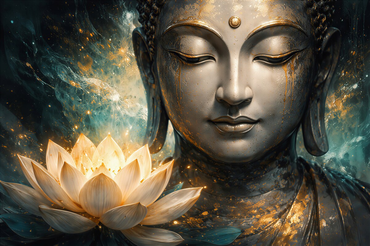Papier peint bouddha doré avec lotus