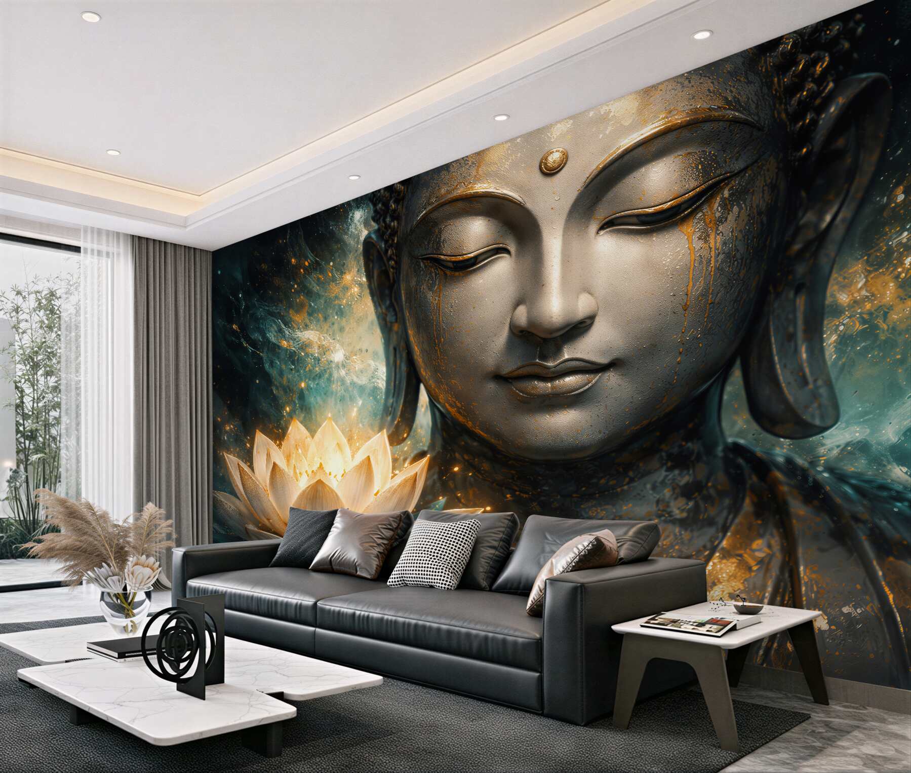 Papier peint bouddha doré avec lotus