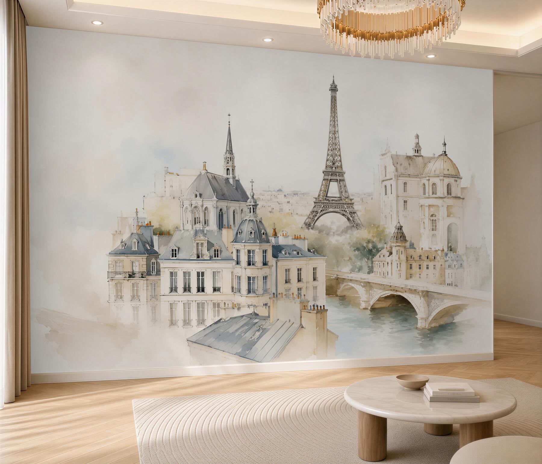 Papier peint Paris avec la tour Eiffel en aquarelle claire ville élégante