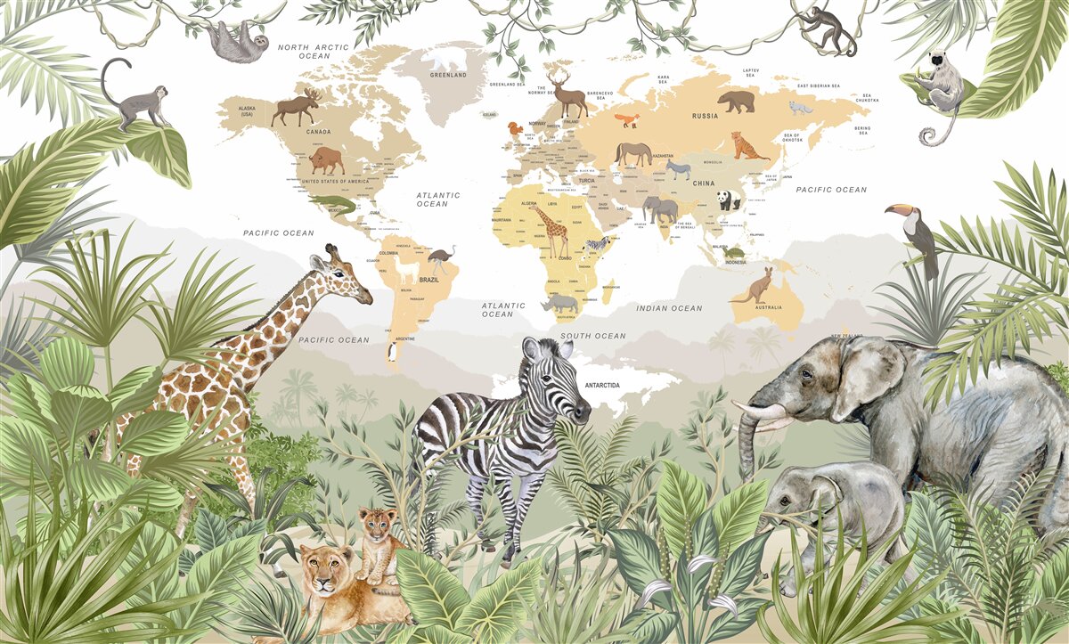Papier peint animaux sur fond de carte du monde