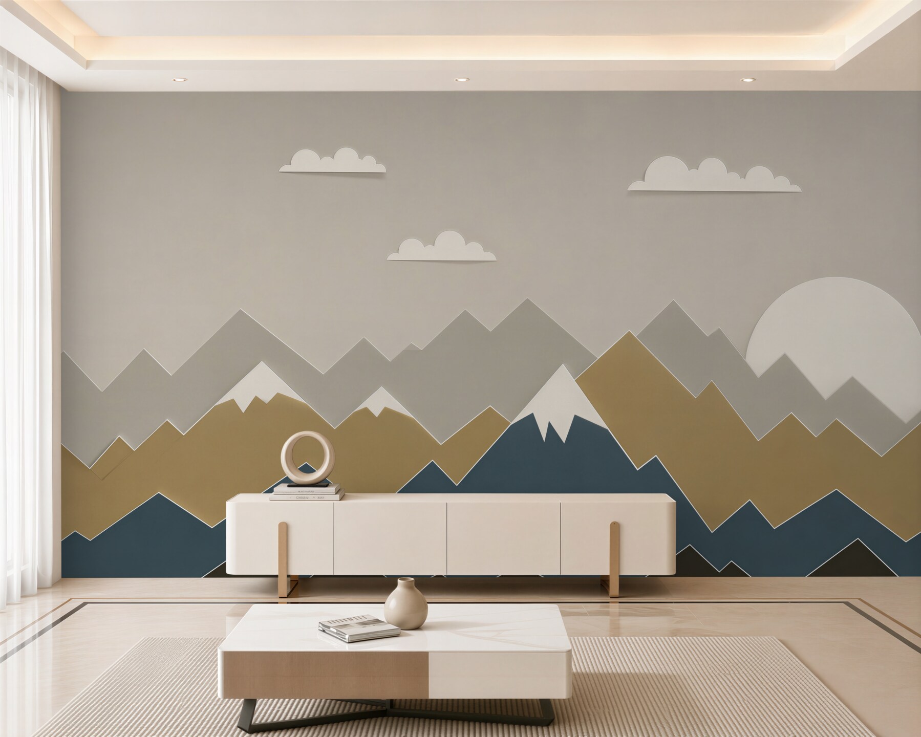 Papier peint paysage montagneux avec cimes en couches dans des tons beige-gris