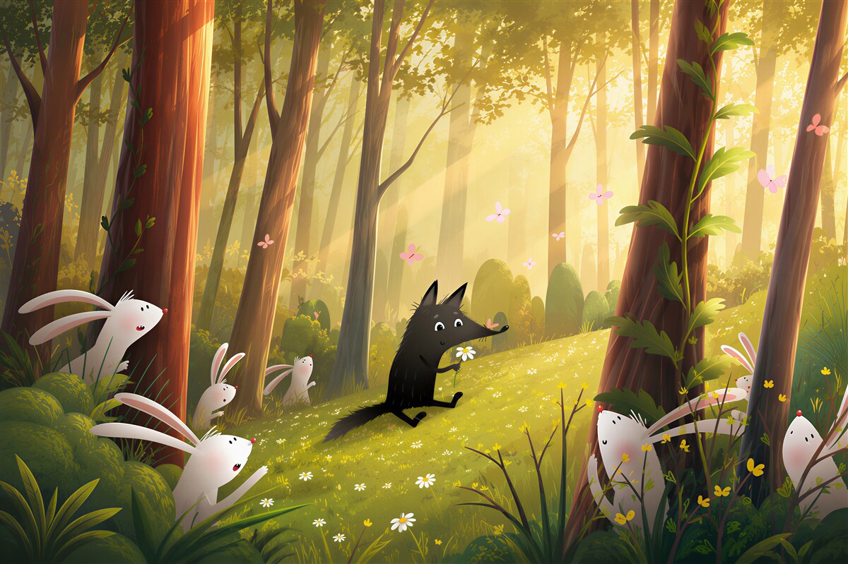 Papier peint Lapins observant un loup dans la forêt
