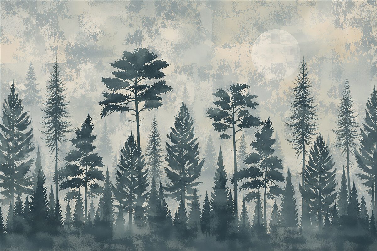 Papier peint forêt dans le brouillard avec la lune paysage paisible pour le salon