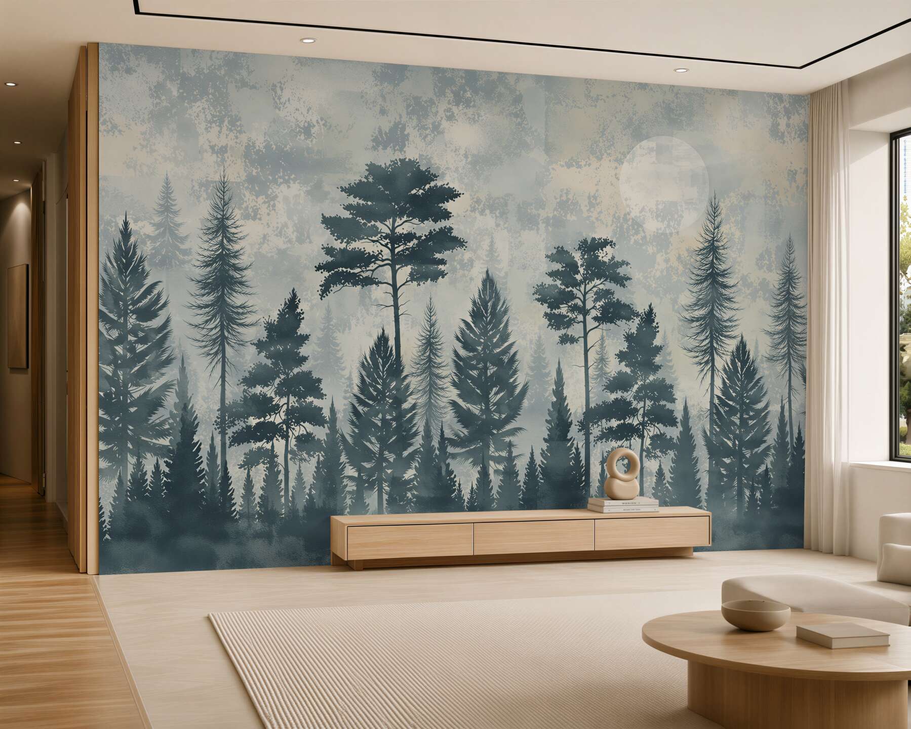 Papier peint forêt dans le brouillard avec la lune paysage paisible pour le salon
