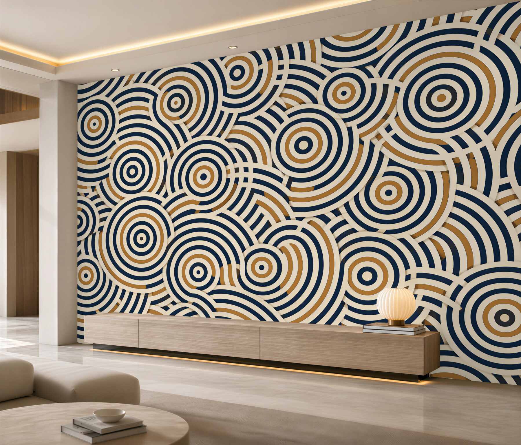 Papier peint cercles abstraits 3D beige gris moderne