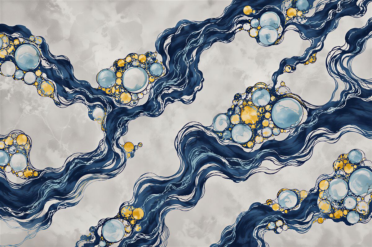 Papier peint vague abstraite bleue avec cercles dorés en marbre