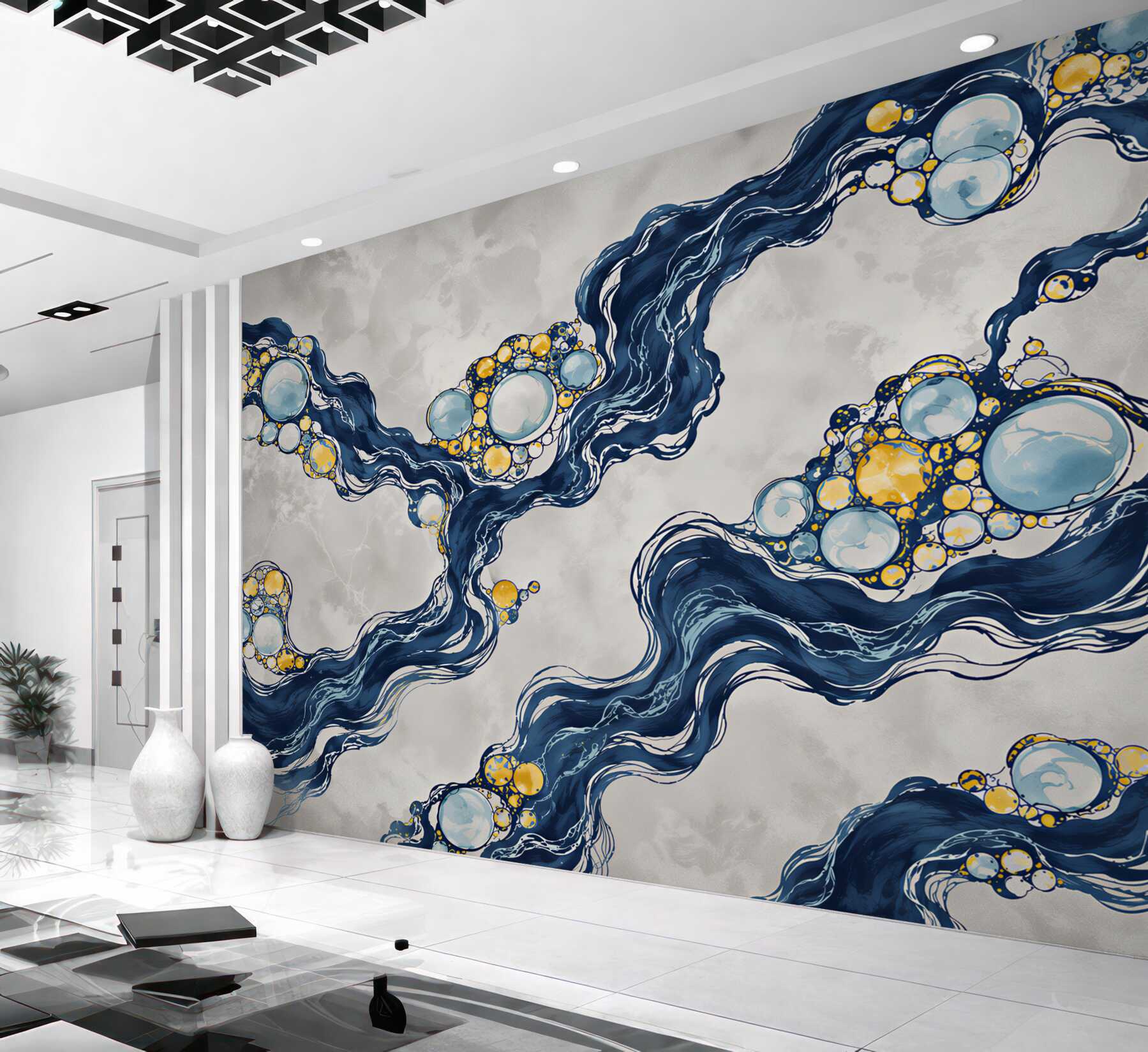 Papier peint vague abstraite bleue avec cercles dorés en marbre