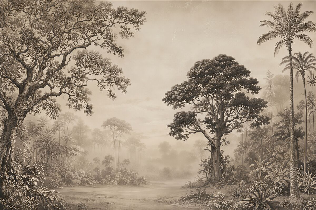 Papier peint paysage forestier dans le brouillard beige paisible pour la chambre