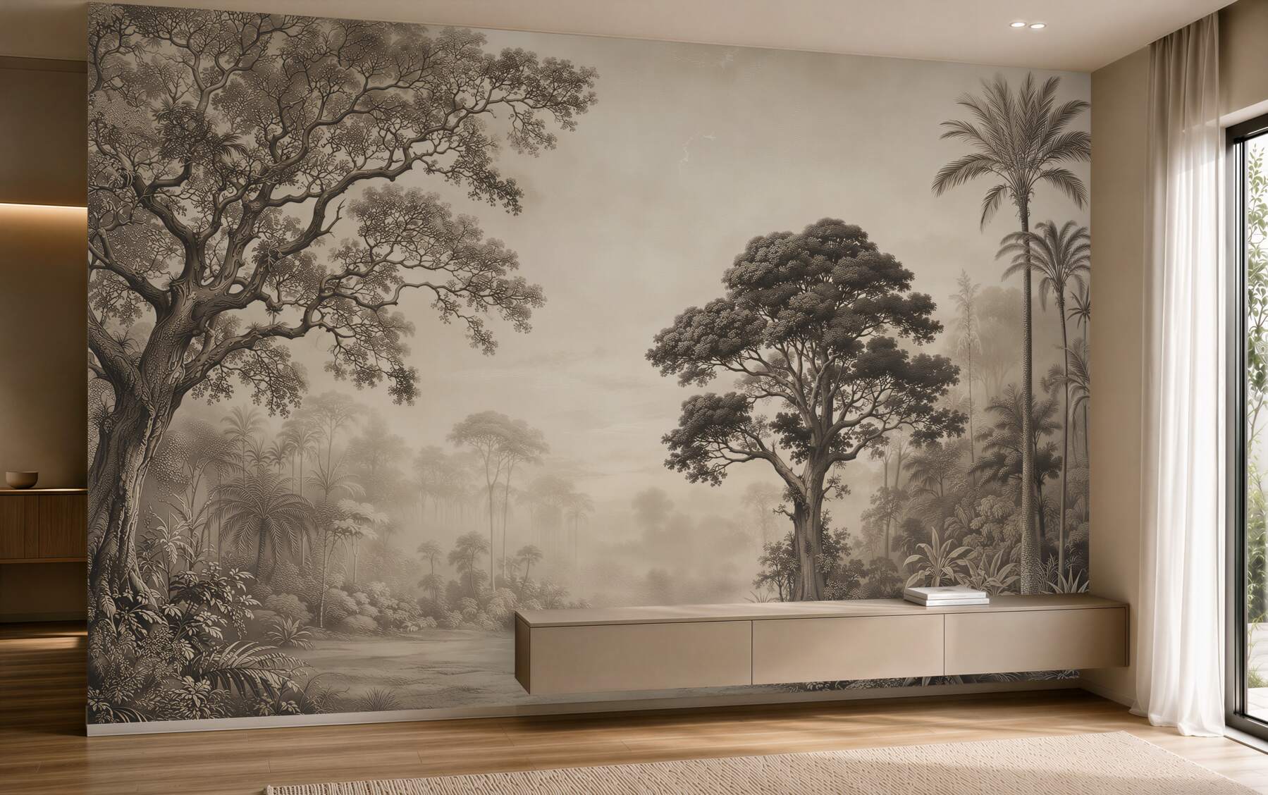 Papier peint paysage forestier dans le brouillard beige paisible pour la chambre