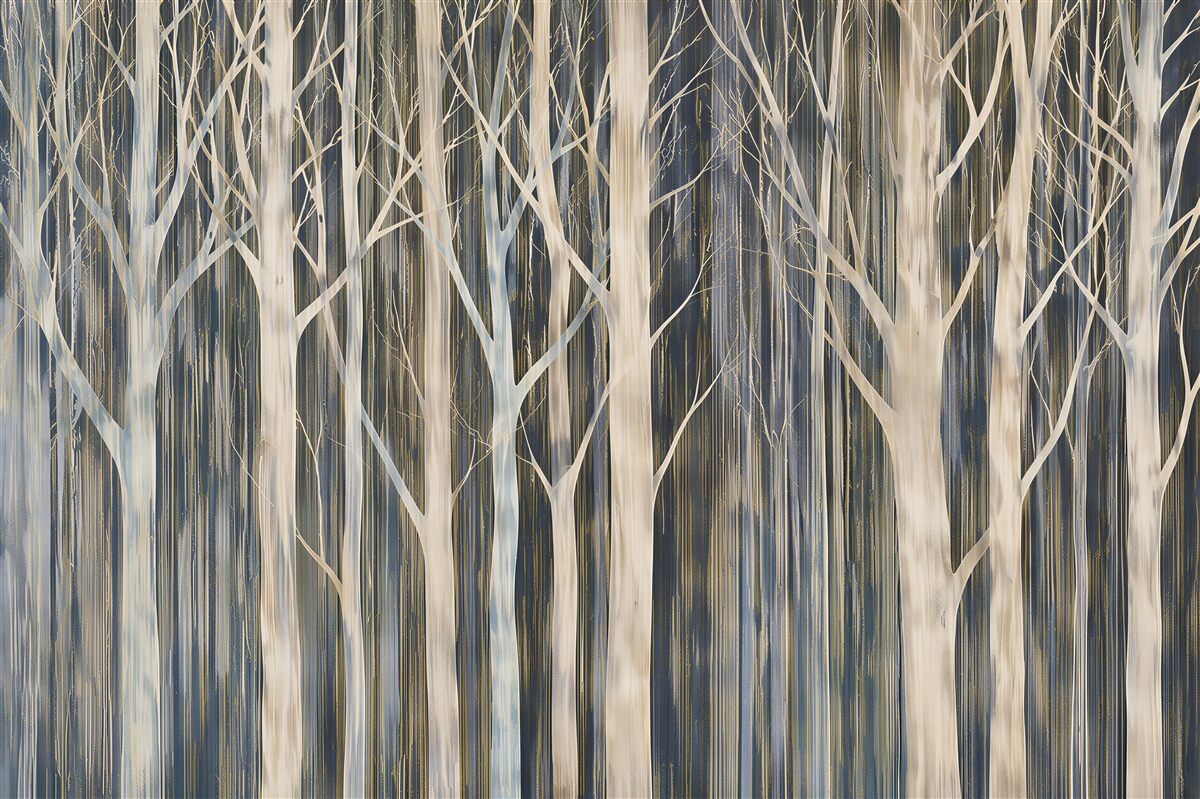 Papier peint forêt blanche dans le brouillard en tons beige et bleu