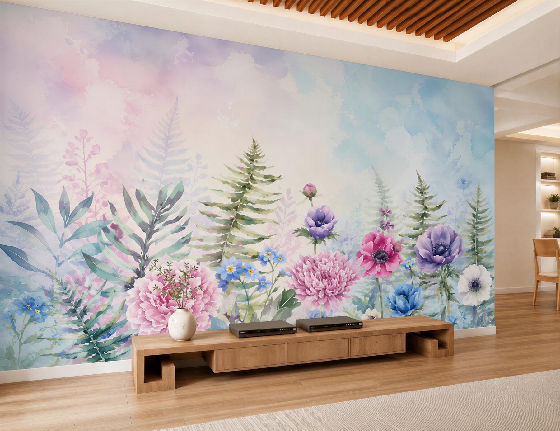 Papier peint fleurs pastel pivoines et anémones romantiques pour la chambre