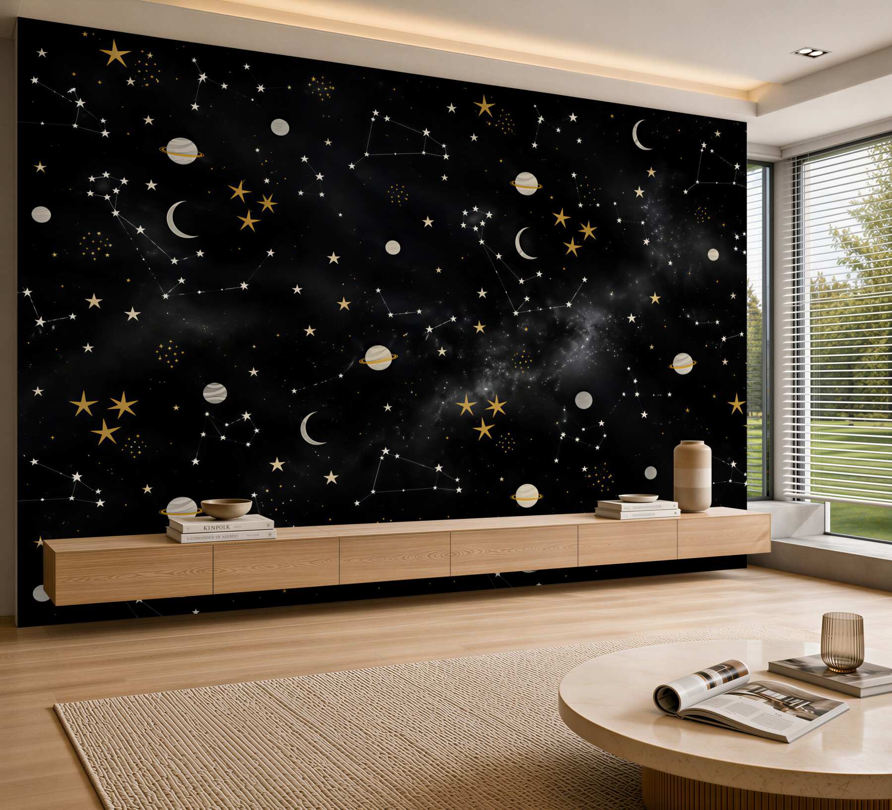 Papier peint cosmos avec lunes et constellations beige pour enfants