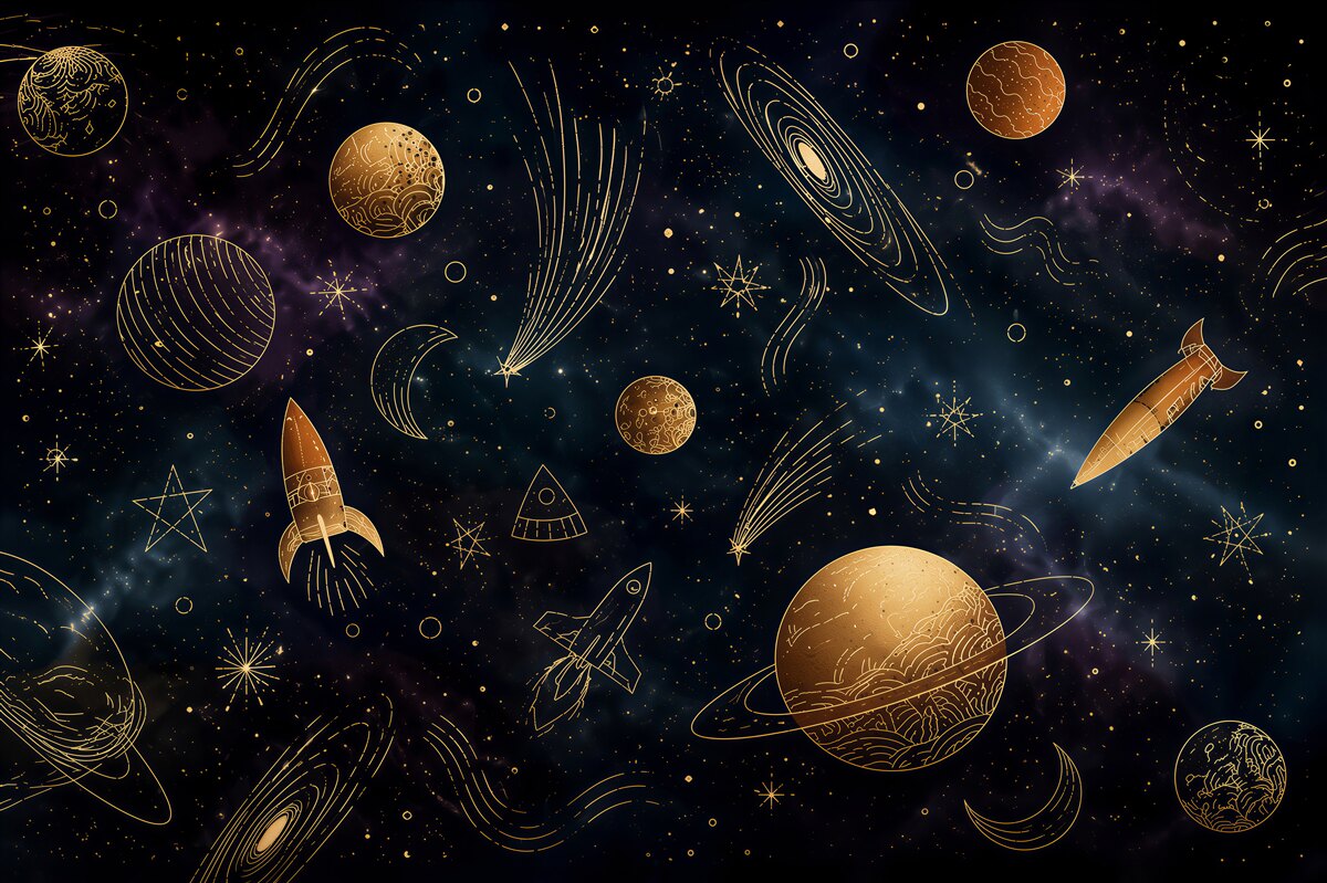 Papier peint planètes et étoiles dans les nuages beige et or pour enfants