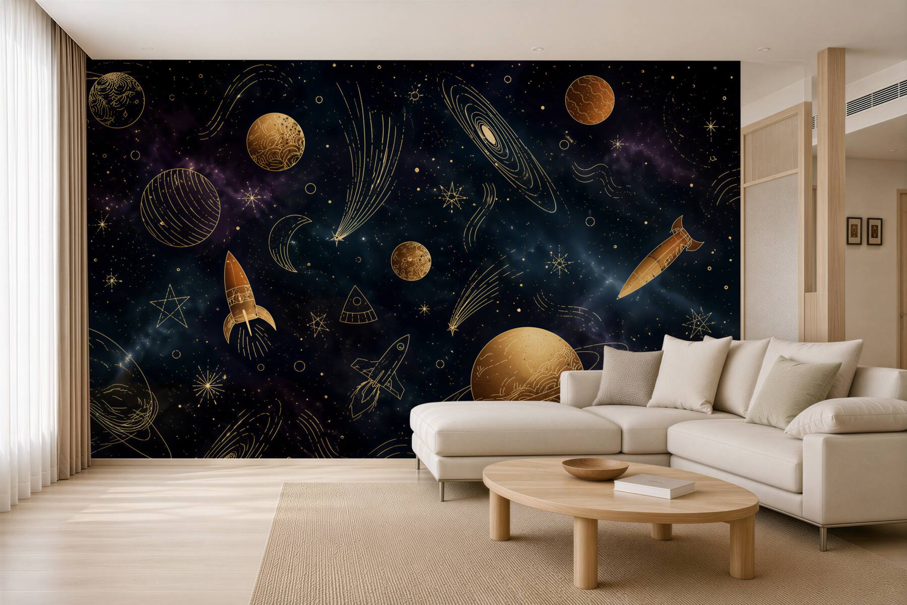 Papier peint planètes et étoiles dans les nuages beige et or pour enfants