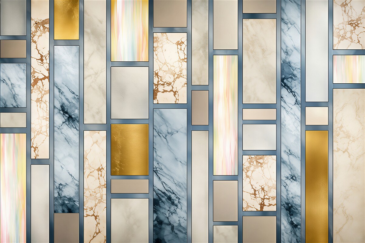 Papier peint marbre géométrique blanc et bleu clair avec des accents dorés