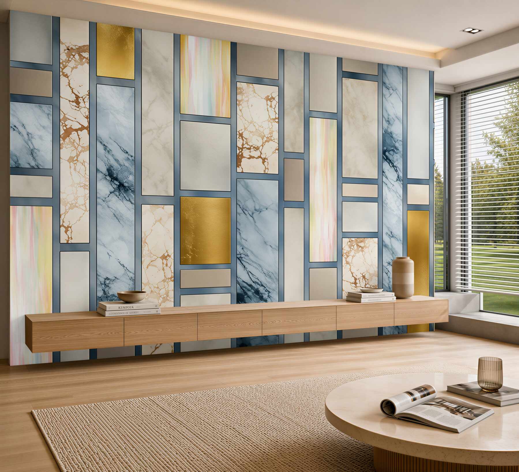 Papier peint marbre géométrique blanc et bleu clair avec des accents dorés