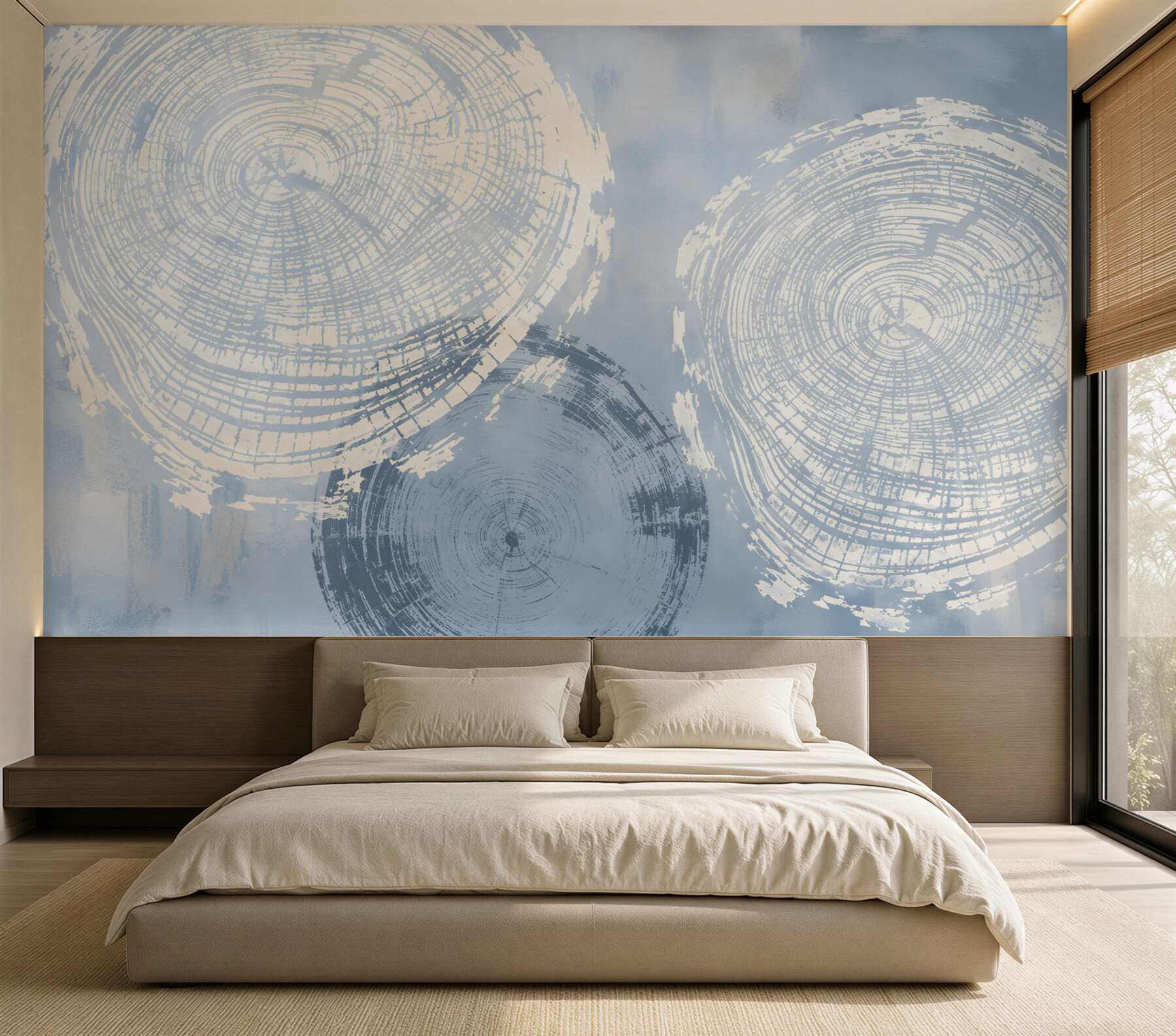 Papier peint motifs de bois abstraits beige et bleu clair modernes