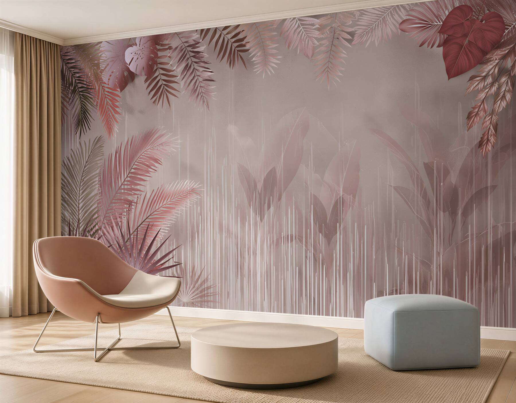 Papier peint feuilles tropicales rose poudré pastel pour la chambre