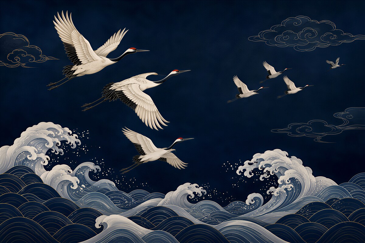 Papier peint grues volant au-dessus des vagues et des montagnes dans des tons beiges