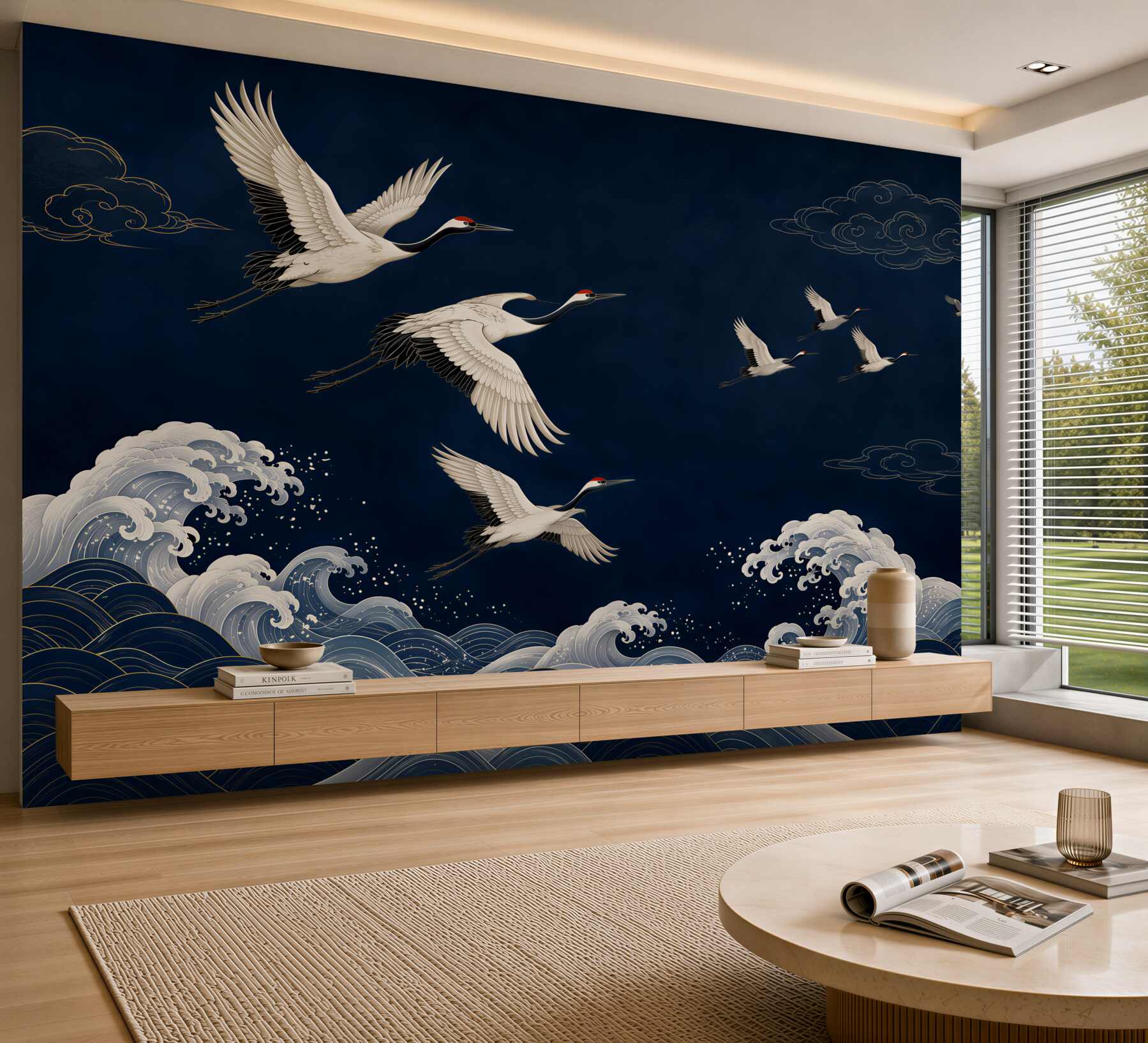 Papier peint grues volant au-dessus des vagues et des montagnes dans des tons beiges