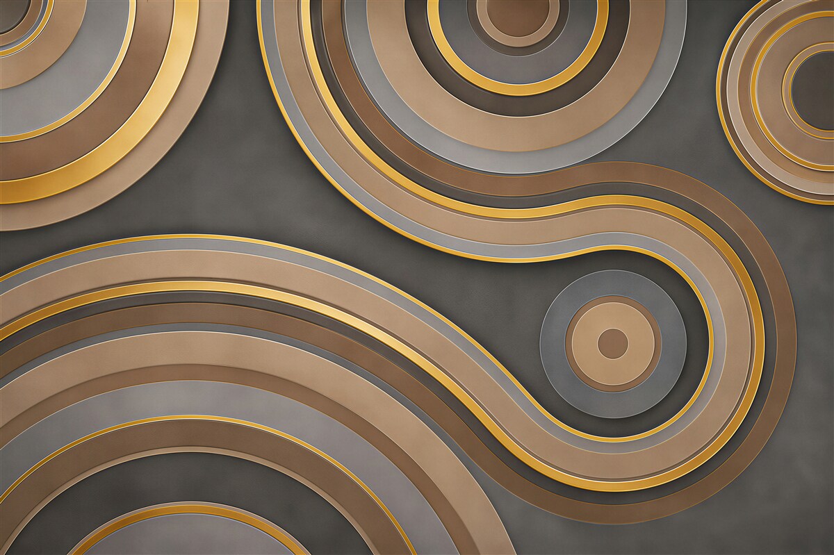 Papier peint vagues et cercles dorés abstraits sur fond beige moderne