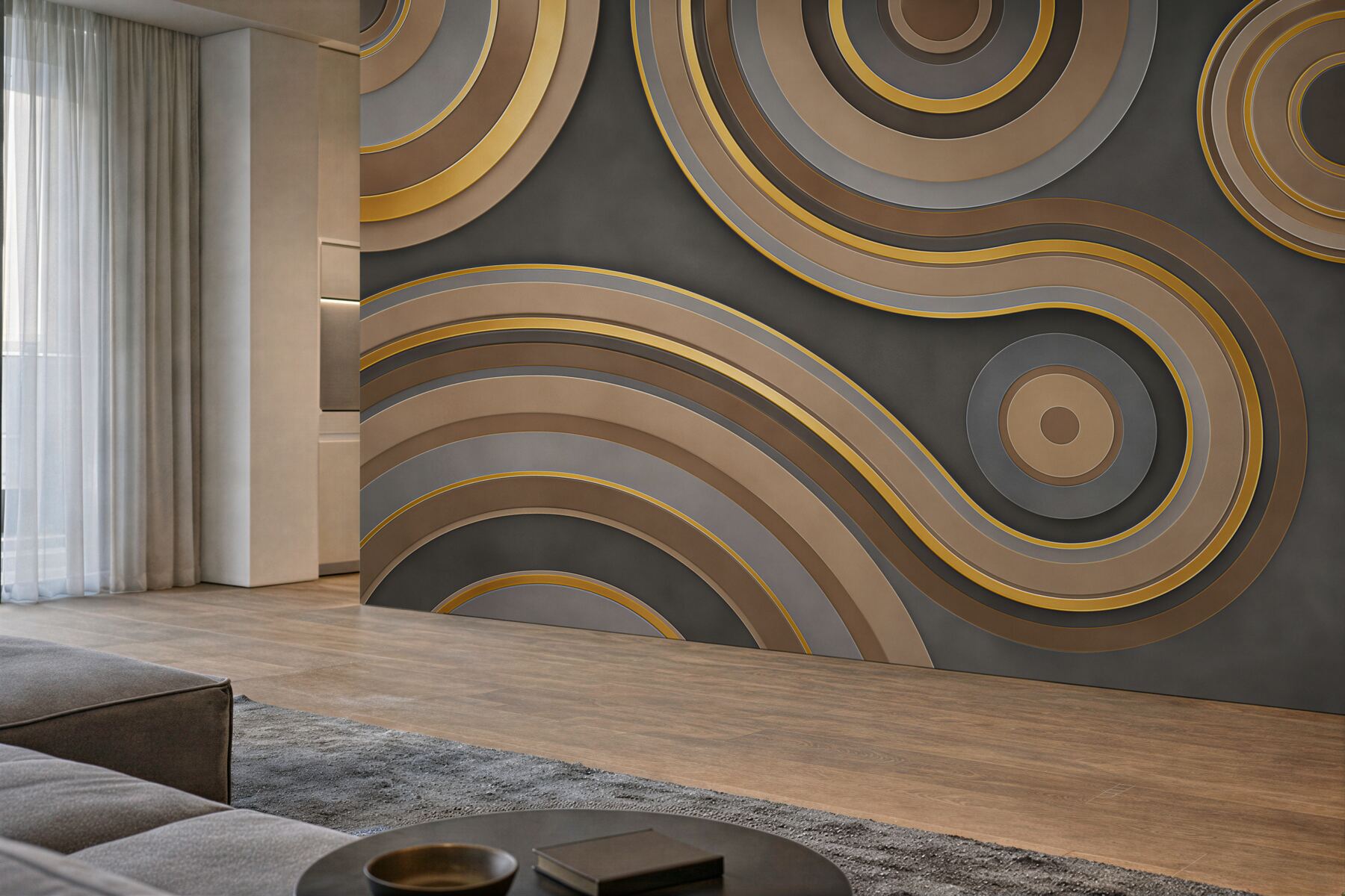 Papier peint vagues et cercles dorés abstraits sur fond beige moderne