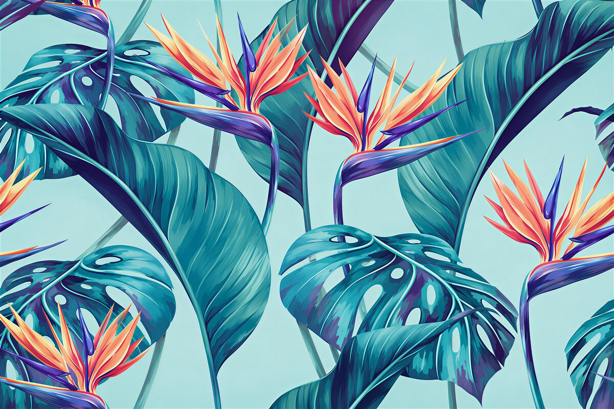 Papier peint strelitzia et feuilles tropicales dans des tons beige-verts