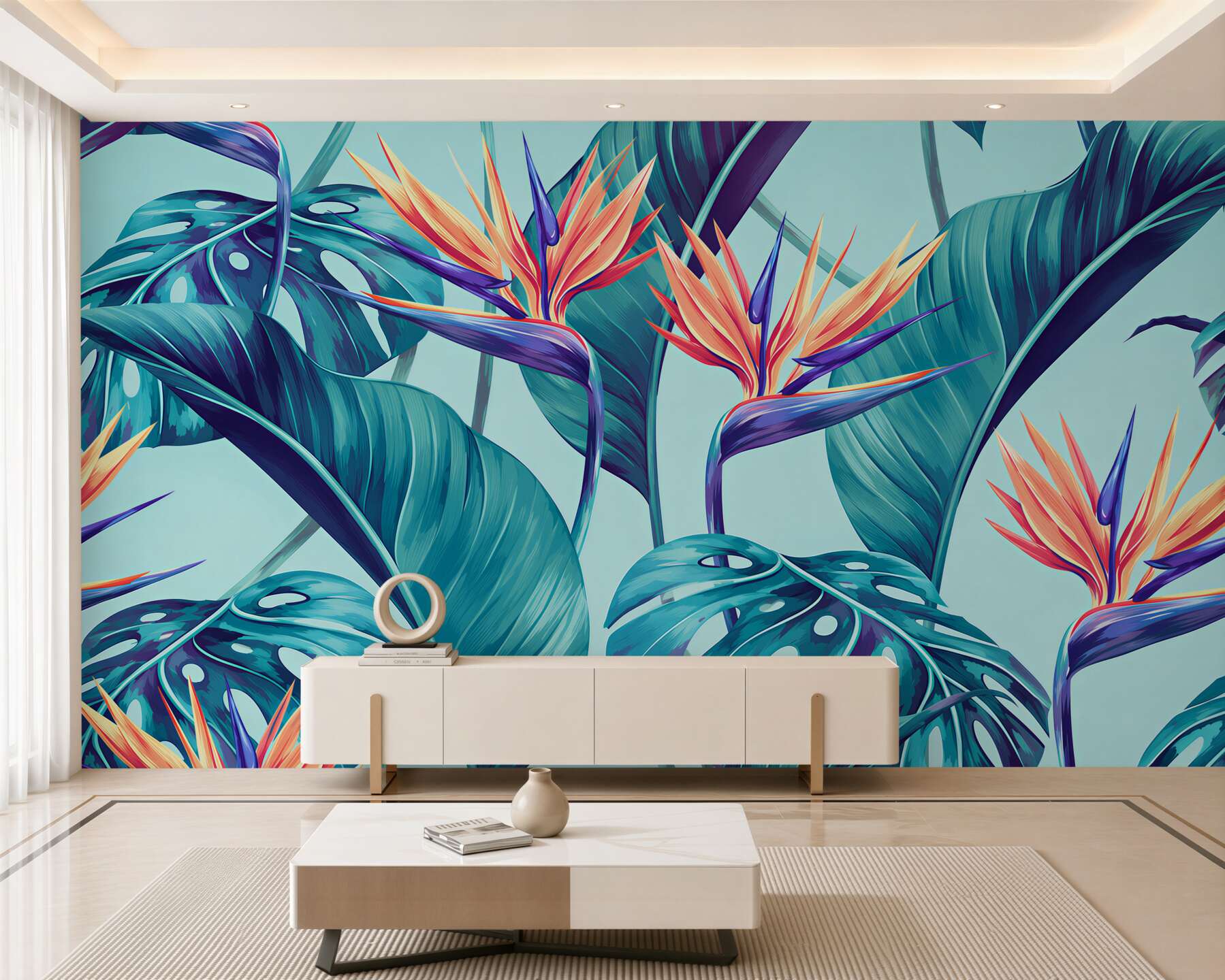 Papier peint strelitzia et feuilles tropicales dans des tons beige-verts